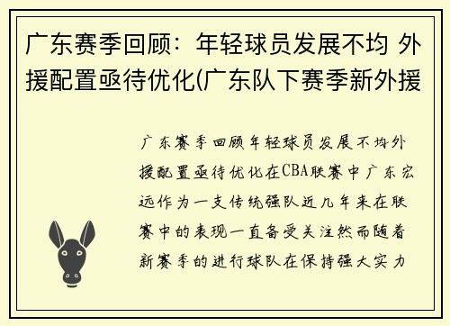 广东赛季回顾：年轻球员发展不均 外援配置亟待优化(广东队下赛季新外援)